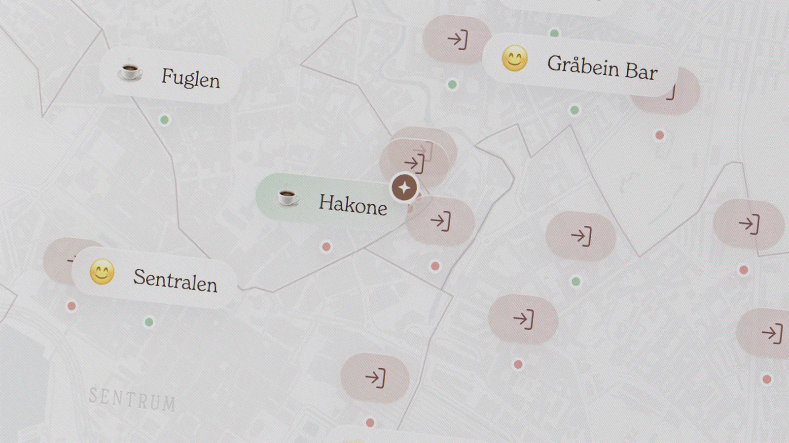 Gruthopp-kartet med kaféer og ulike besøksstatuser.