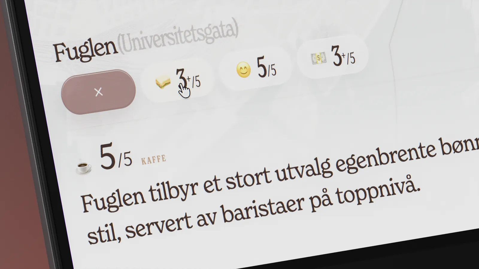 Fuglens vurderinger for kaffe, mat, vibe og pris.